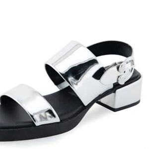 AEROSOLES Silver Metallic Low Block Heel Sandals